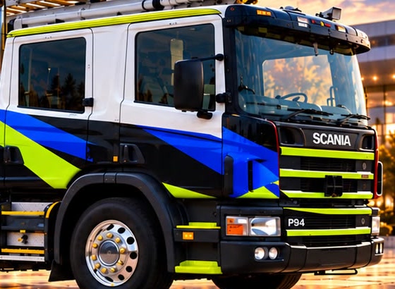 The white cab of the Scania P94 with blue and lime diagonal livery sweeping across its doors