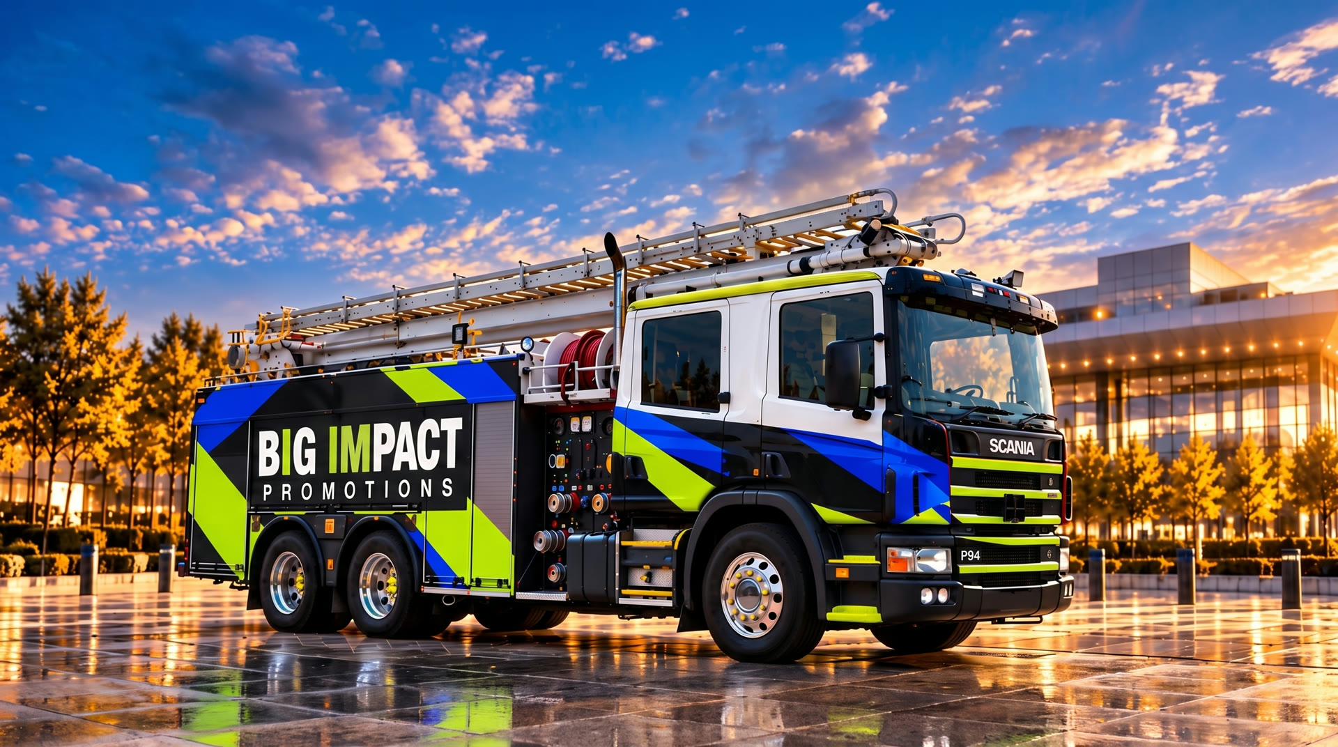 The Big Impact Responder, a Scania P94 fire truck in BIG IMPACT livery with its ladder boom stowed