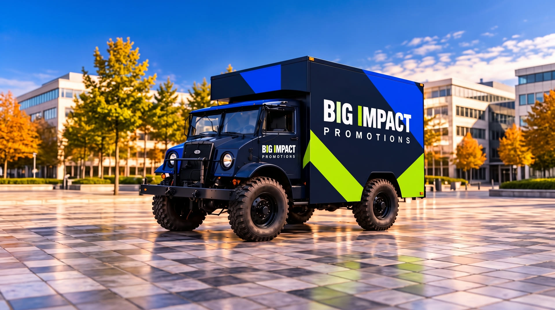 The Activation Commander, a navy 1942 Ford CMP Blitz box truck in BIG IMPACT livery on a stone plaza