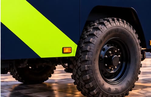 Close detail of the lime and blue diagonal livery meeting the rear wheel