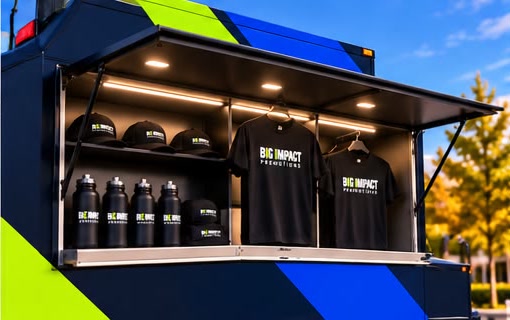 The Commander's serving window open and stocked with branded merchandise
